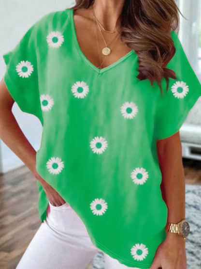 🌸 T-shirt Floral Femme – Col en V & Manches Courtes | XL-Charmes