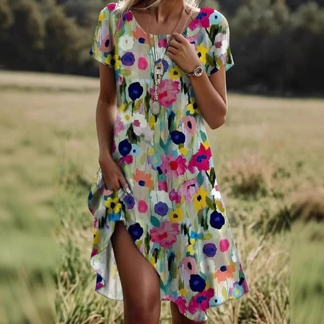 👗 Robe Femme à Col Rond – Impression Numérique Fleurie | XL-Charmes