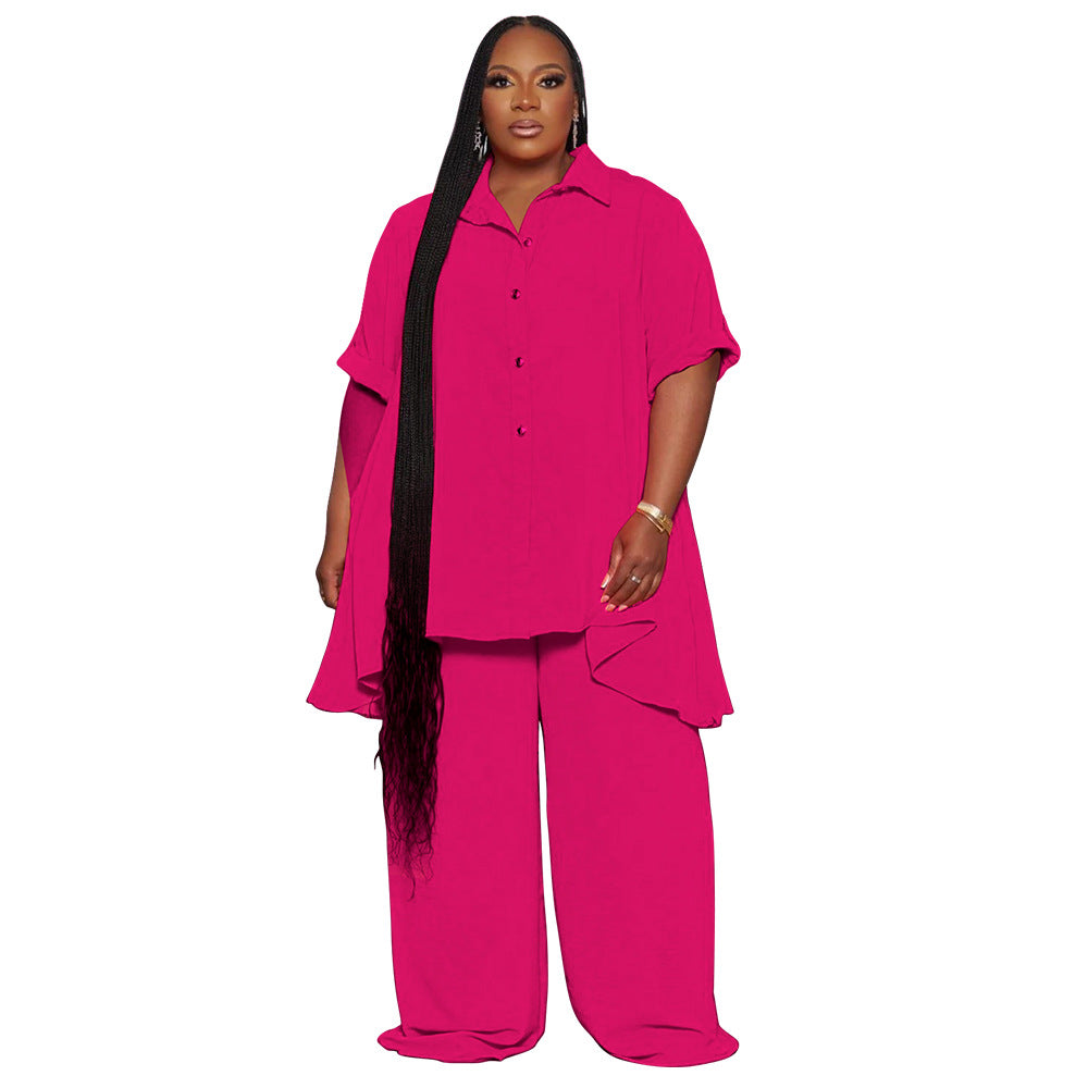 🧥 Ensemble Chic Grande Taille – Haut Manches Courtes & Pantalon Large | XL-Charmes