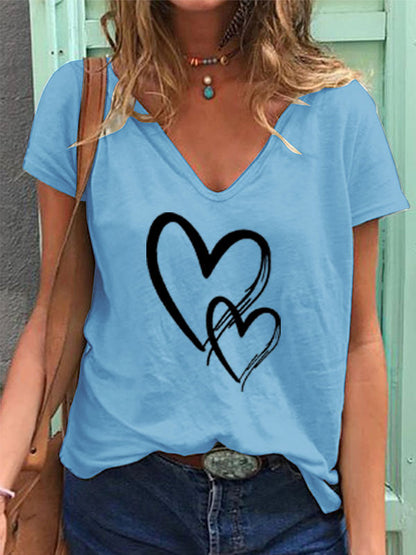 👚 T-shirt Décontracté Col V Imprimé Cœur – Coupe Ample Femme | XL-Charmes