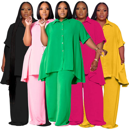 🧥 Ensemble Chic Grande Taille – Haut Manches Courtes & Pantalon Large | XL-Charmes