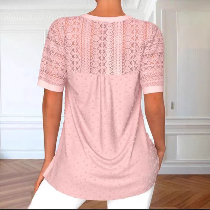👚 Haut Femme Élégant Col Rond & Dentelle – Manches Courtes Chic