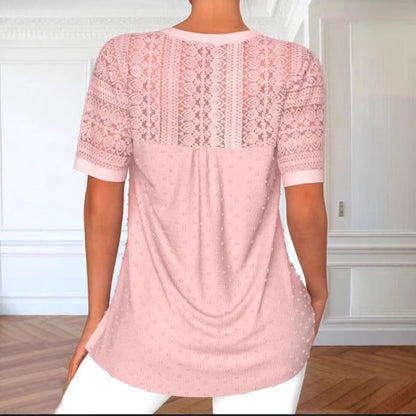 👚 Haut Femme Élégant Col Rond & Dentelle – Manches Courtes Chic