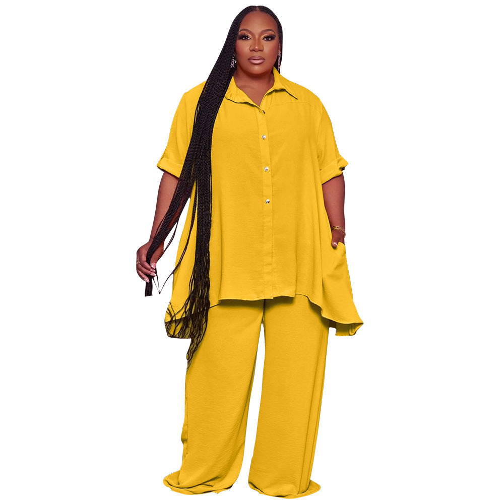 🧥 Ensemble Chic Grande Taille – Haut Manches Courtes & Pantalon Large | XL-Charmes