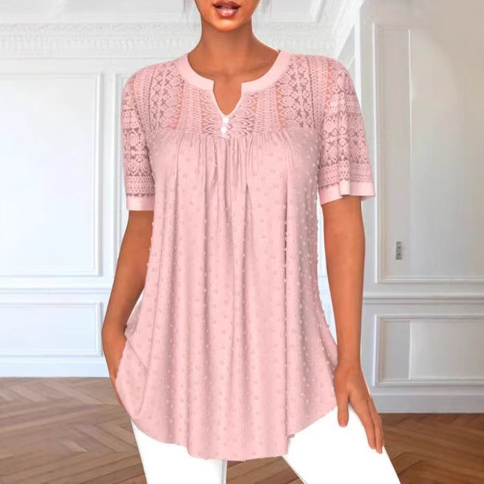 👚 Haut Femme Élégant Col Rond & Dentelle – Manches Courtes Chic