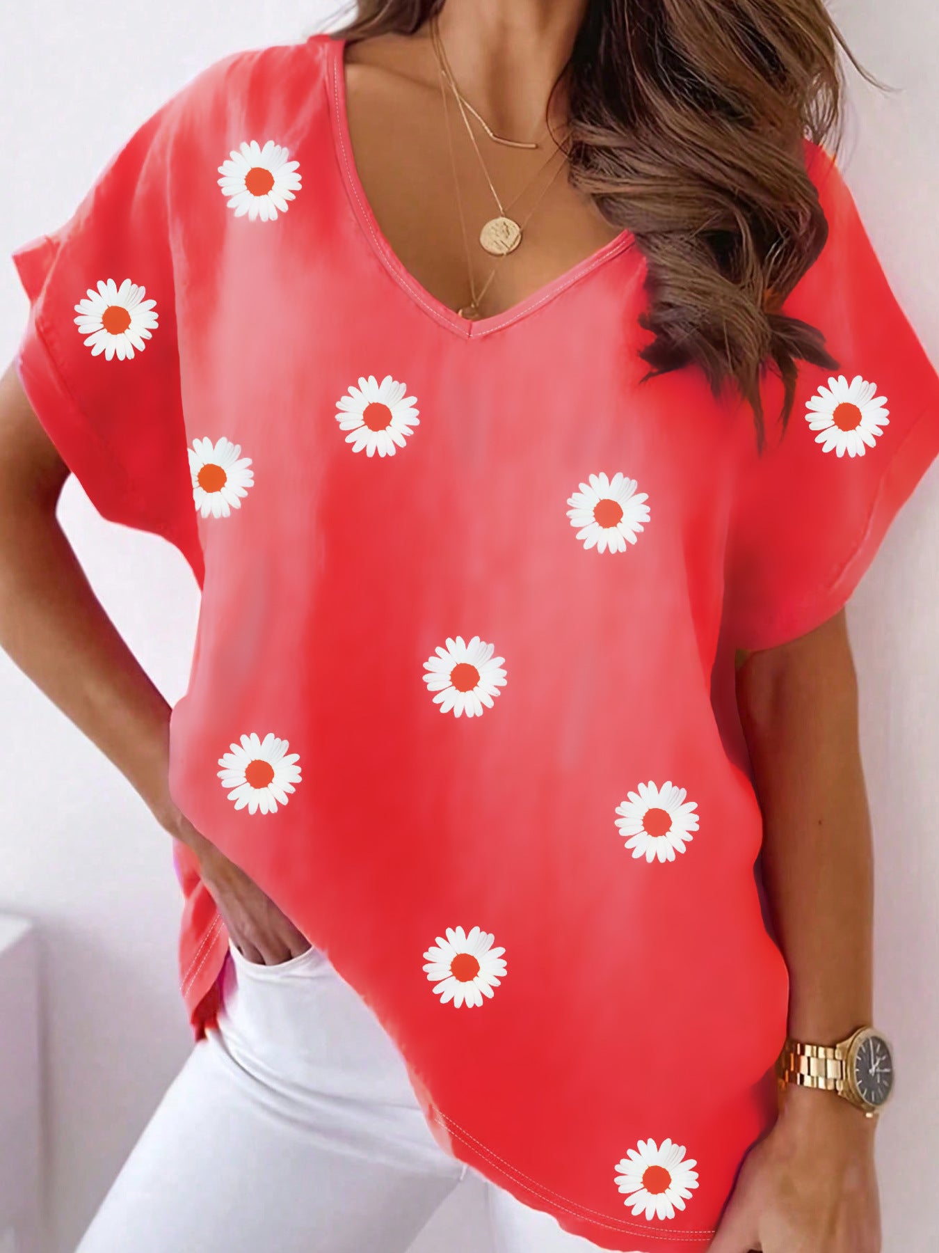 🌸 T-shirt Floral Femme – Col en V & Manches Courtes | XL-Charmes