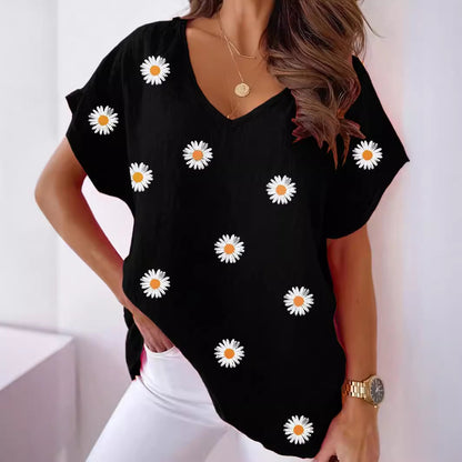 🌸 T-shirt Floral Femme – Col en V & Manches Courtes | XL-Charmes