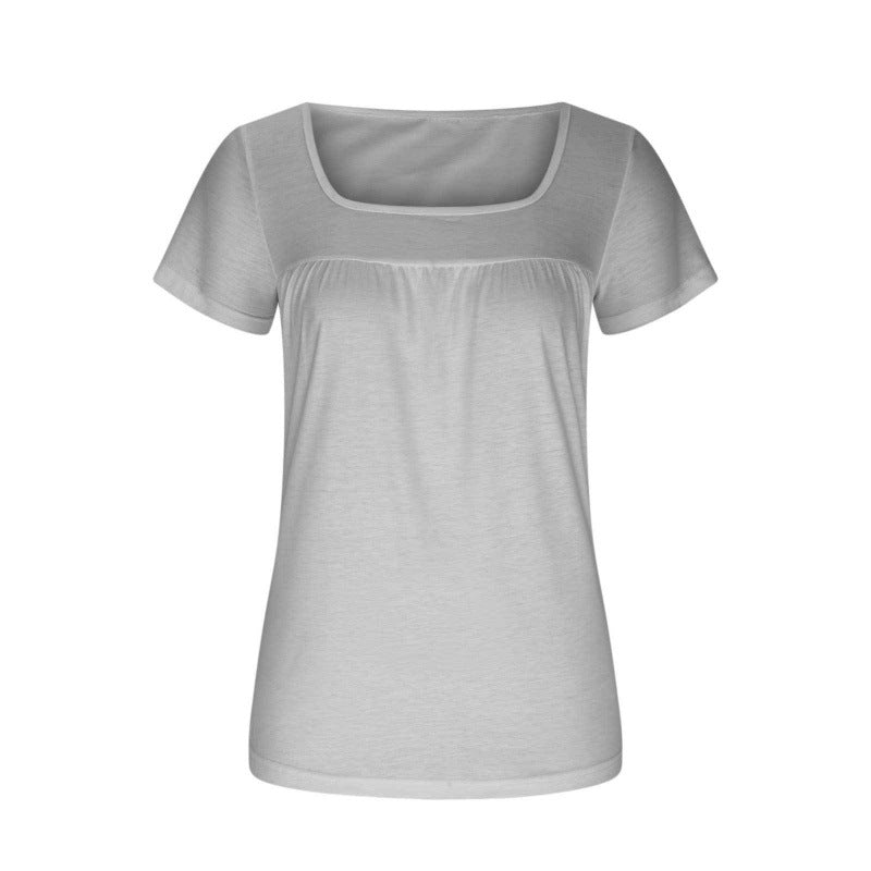 👚 T-shirt Femme Col Carré Plissé – Manches Courtes & Coupe Ample