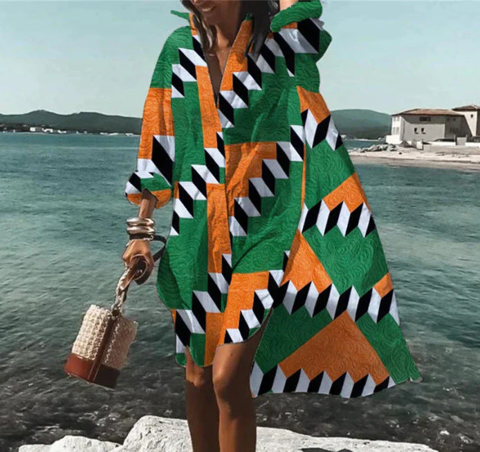 👗 Robe Chemise Imprimée Grande Taille – Manches Longues & Col Revers