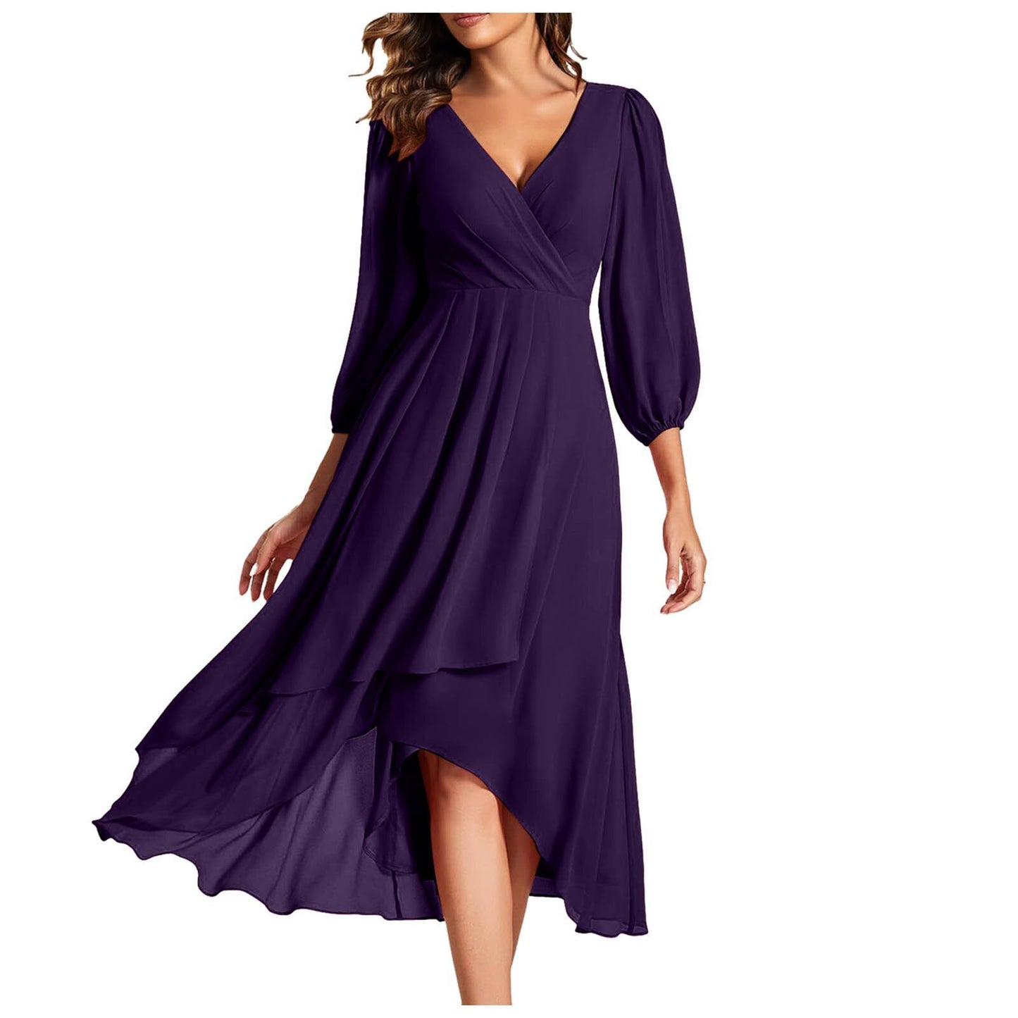 👗 Robe Soirée Col V Femme – Ample & Élégante Manches Longues | XL-Charmes