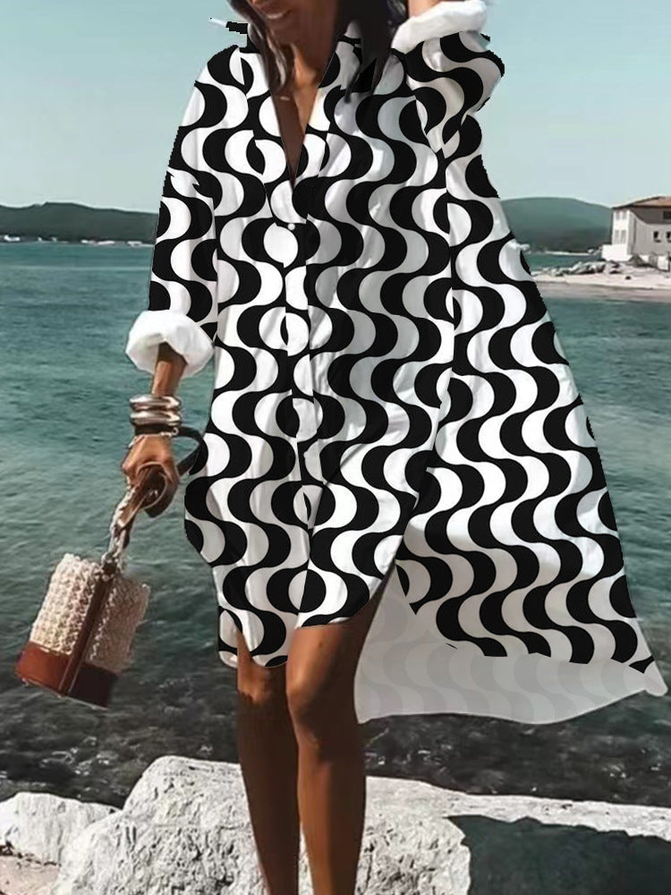 👗 Robe Chemise Imprimée Grande Taille – Manches Longues & Col Revers