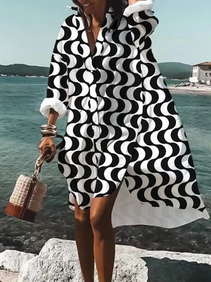 👗 Robe Chemise Imprimée Grande Taille – Manches Longues & Col Revers