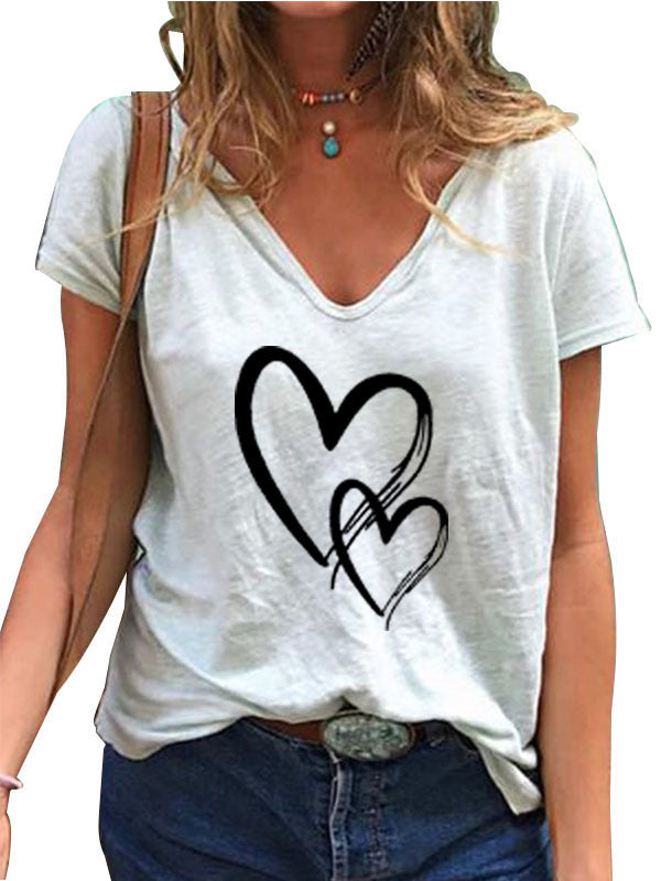 👚 T-shirt Décontracté Col V Imprimé Cœur – Coupe Ample Femme | XL-Charmes