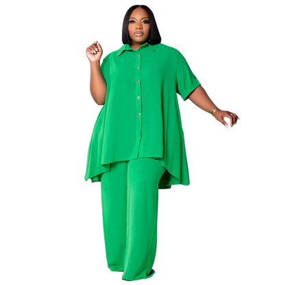 🧥 Ensemble Chic Grande Taille – Haut Manches Courtes & Pantalon Large | XL-Charmes