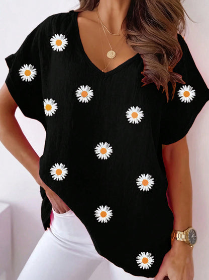 🌸 T-shirt Floral Femme – Col en V & Manches Courtes | XL-Charmes