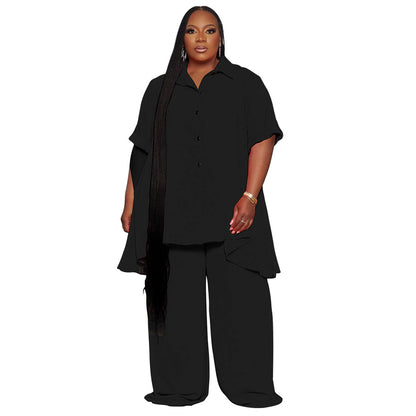 🧥 Ensemble Chic Grande Taille – Haut Manches Courtes & Pantalon Large | XL-Charmes