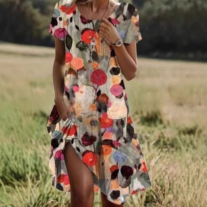 👗 Robe Femme à Col Rond – Impression Numérique Fleurie | XL-Charmes