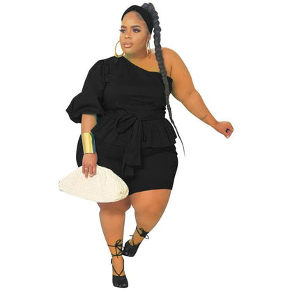 👚 Ensemble 2 Pièces Grande Taille à Volants – Une Épaule Chic | XL-Charmes
