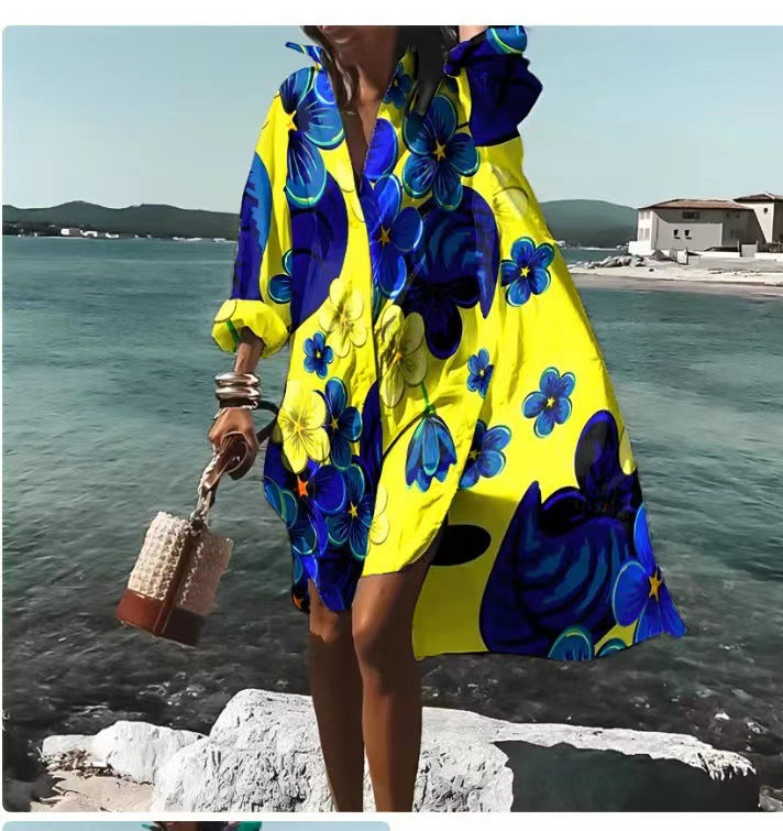 👗 Robe Chemise Imprimée Grande Taille – Manches Longues & Col Revers