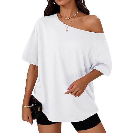 👚 T-shirt Décontracté Col Diagonal Femme – Élégant & Confortable | XL-Charmes