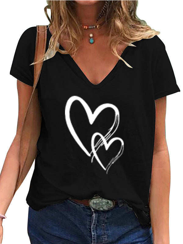 👚 T-shirt Décontracté Col V Imprimé Cœur – Coupe Ample Femme | XL-Charmes