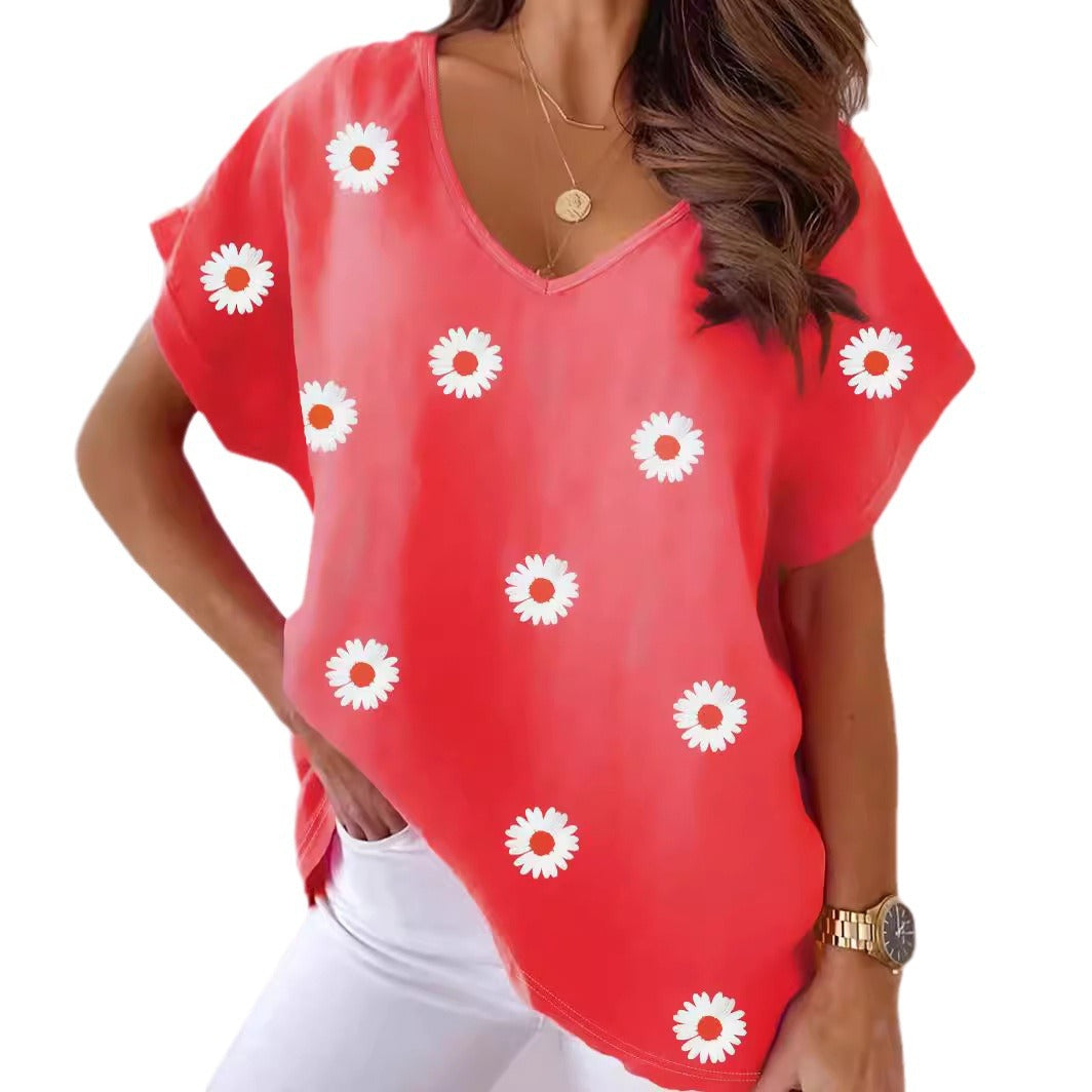 🌸 T-shirt Floral Femme – Col en V & Manches Courtes | XL-Charmes