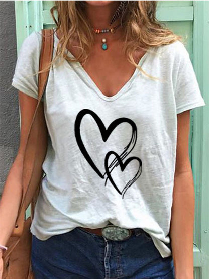 👚 T-shirt Décontracté Col V Imprimé Cœur – Coupe Ample Femme | XL-Charmes