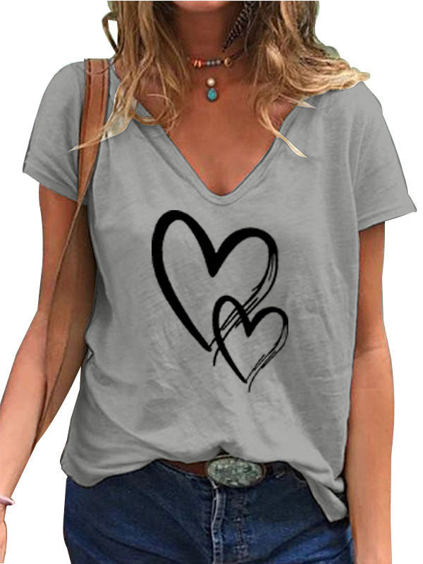 👚 T-shirt Décontracté Col V Imprimé Cœur – Coupe Ample Femme | XL-Charmes