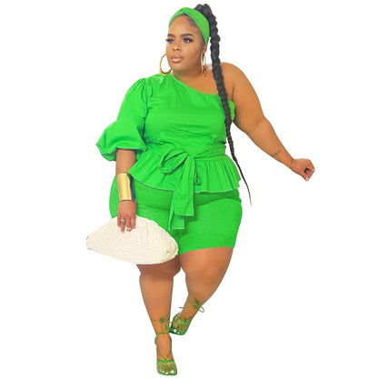 👚 Ensemble 2 Pièces Grande Taille à Volants – Une Épaule Chic | XL-Charmes