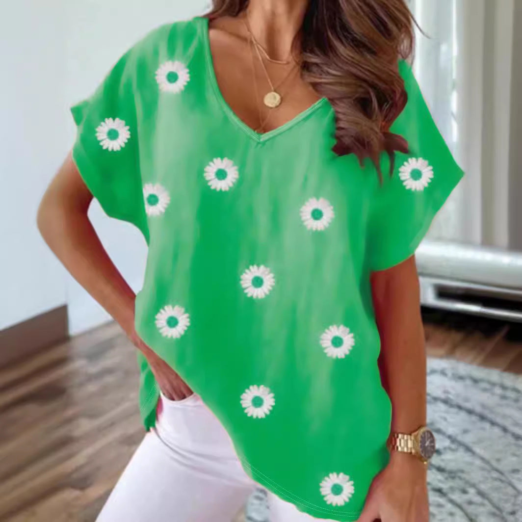 🌸 T-shirt Floral Femme – Col en V & Manches Courtes | XL-Charmes