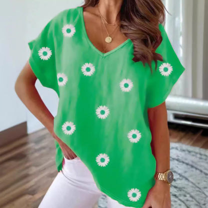 🌸 T-shirt Floral Femme – Col en V & Manches Courtes | XL-Charmes