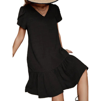 👗 Robe Ample Décontractée Col en V – Manches Courtes & Unie | XL-Charmes