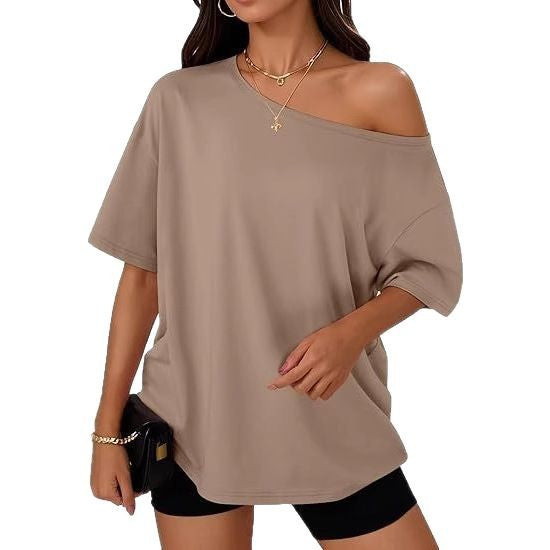 👚 T-shirt Décontracté Col Diagonal Femme – Élégant & Confortable | XL-Charmes