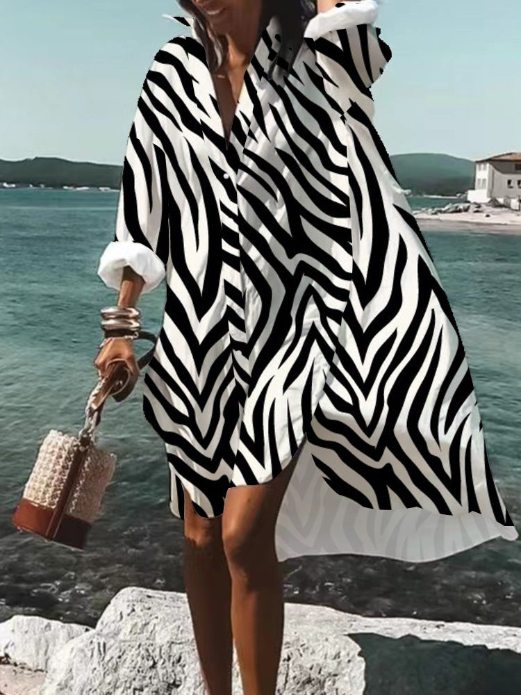 👗 Robe Chemise Imprimée Grande Taille – Manches Longues & Col Revers