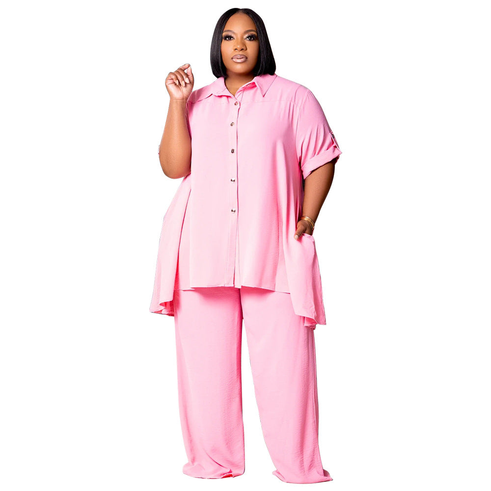 🧥 Ensemble Chic Grande Taille – Haut Manches Courtes & Pantalon Large | XL-Charmes