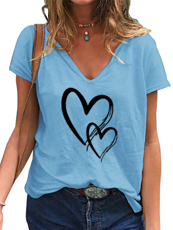 👚 T-shirt Décontracté Col V Imprimé Cœur – Coupe Ample Femme | XL-Charmes