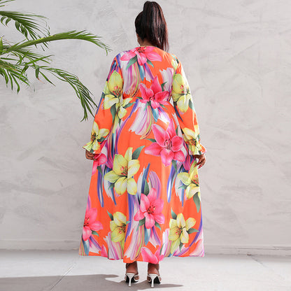 👗 Robe Grande Taille Femme – Manches Longues & Impression Numérique