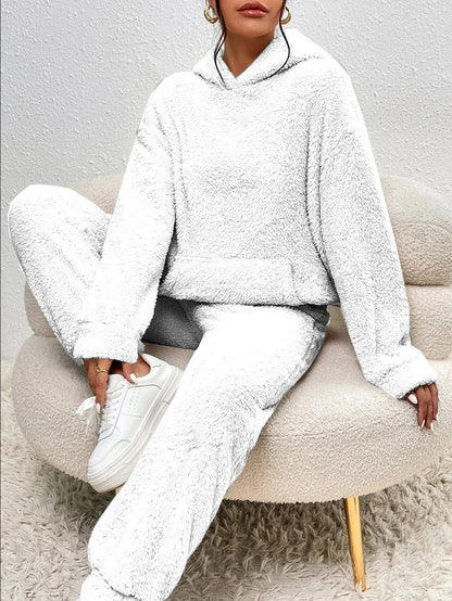 🛋️ Pyjama Hiver Femme Peluche – Haut à Capuche & Pantalon Douillet