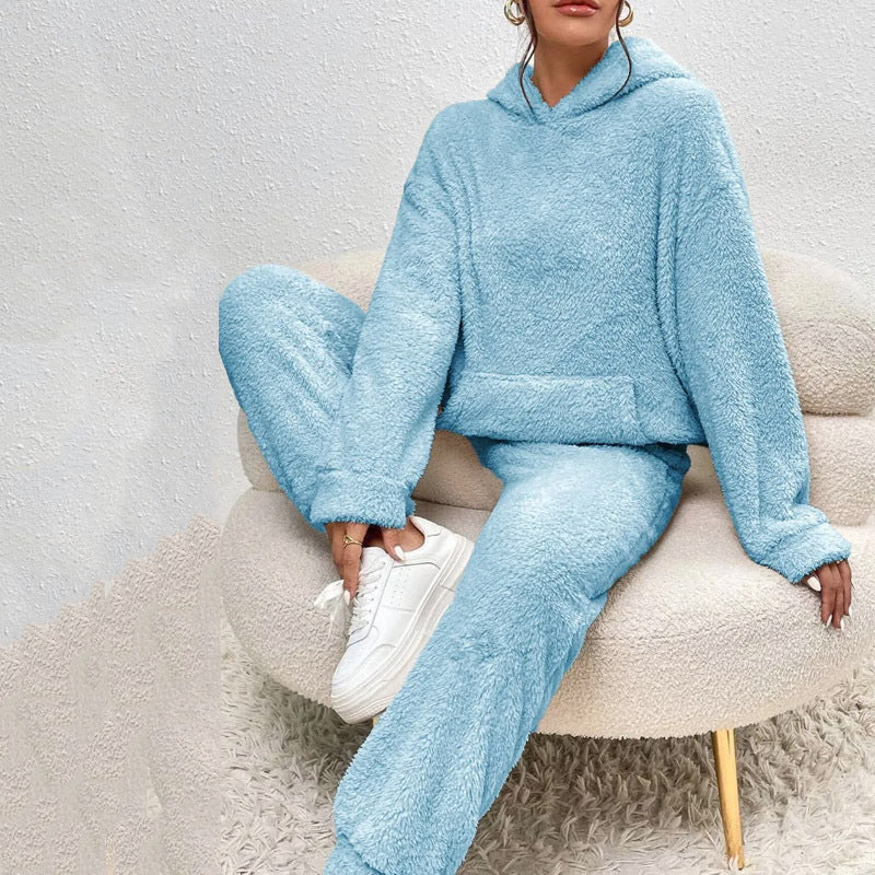 🛋️ Pyjama Hiver Femme Peluche – Haut à Capuche & Pantalon Douillet