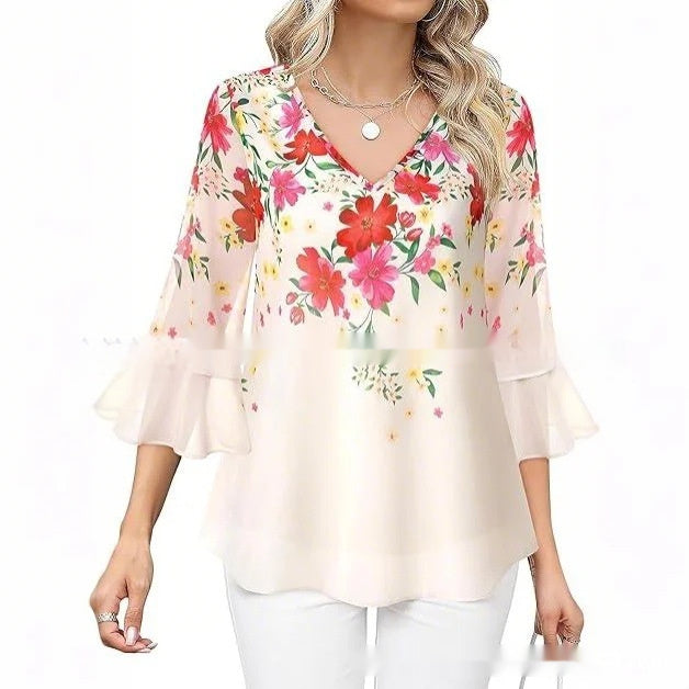 👚 Haut Décontracté Femme – Manches 3/4 Plissées | XL-Charmes