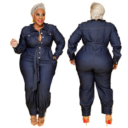 👖 Combinaison Longue en Denim Délavé – Grande Taille Femme