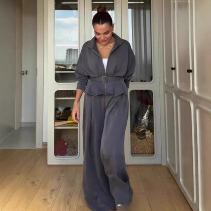 👖 Ensemble Femme Col Polo & Pantalon Large Taille Haute | XL-Charmes