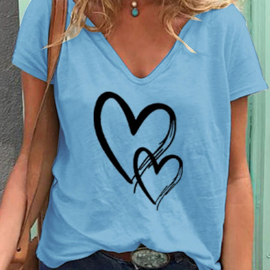 👚 T-shirt Décontracté Col V Imprimé Cœur – Coupe Ample Femme | XL-Charmes