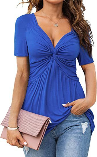 👚 T-shirt Élegant Femme – Col en V, Torsadé & Manches Courtes | XL-Charmes