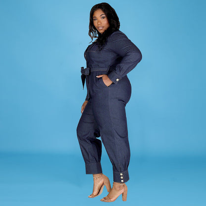 👖 Combinaison Longue en Denim Délavé – Grande Taille Femme