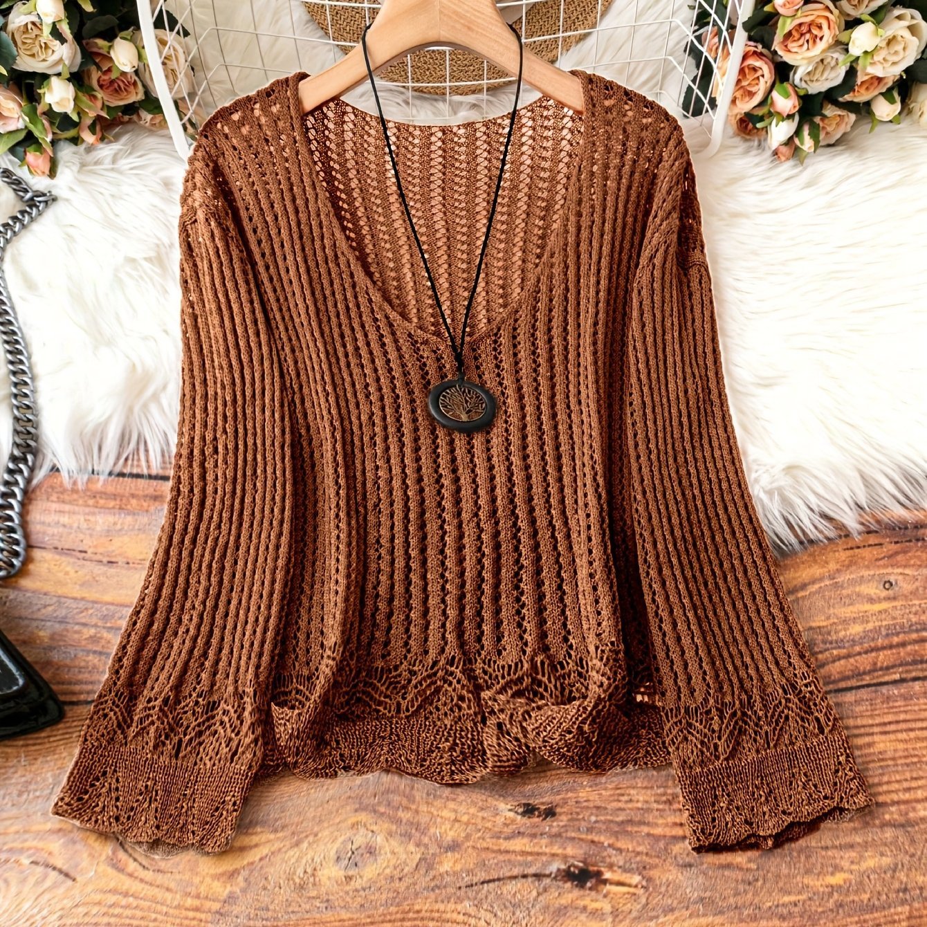 🧶 Pull Tricoté Femme – Manches Longues, Col en V & Grande Taille | XL-Charmes