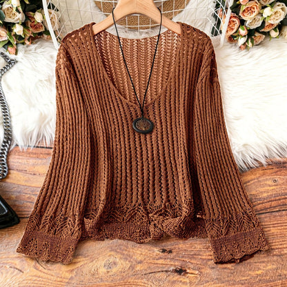 🧶 Pull Tricoté Femme – Manches Longues, Col en V & Grande Taille | XL-Charmes