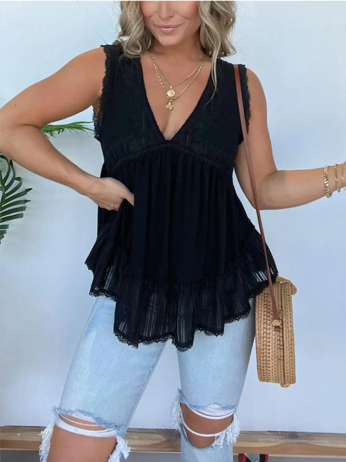 👚 Haut Velours Doré & Dentelle – Col V Chic Femme Grande Taille | XL-Charmes