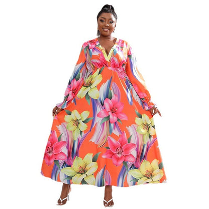 👗 Robe Grande Taille Femme – Manches Longues & Impression Numérique