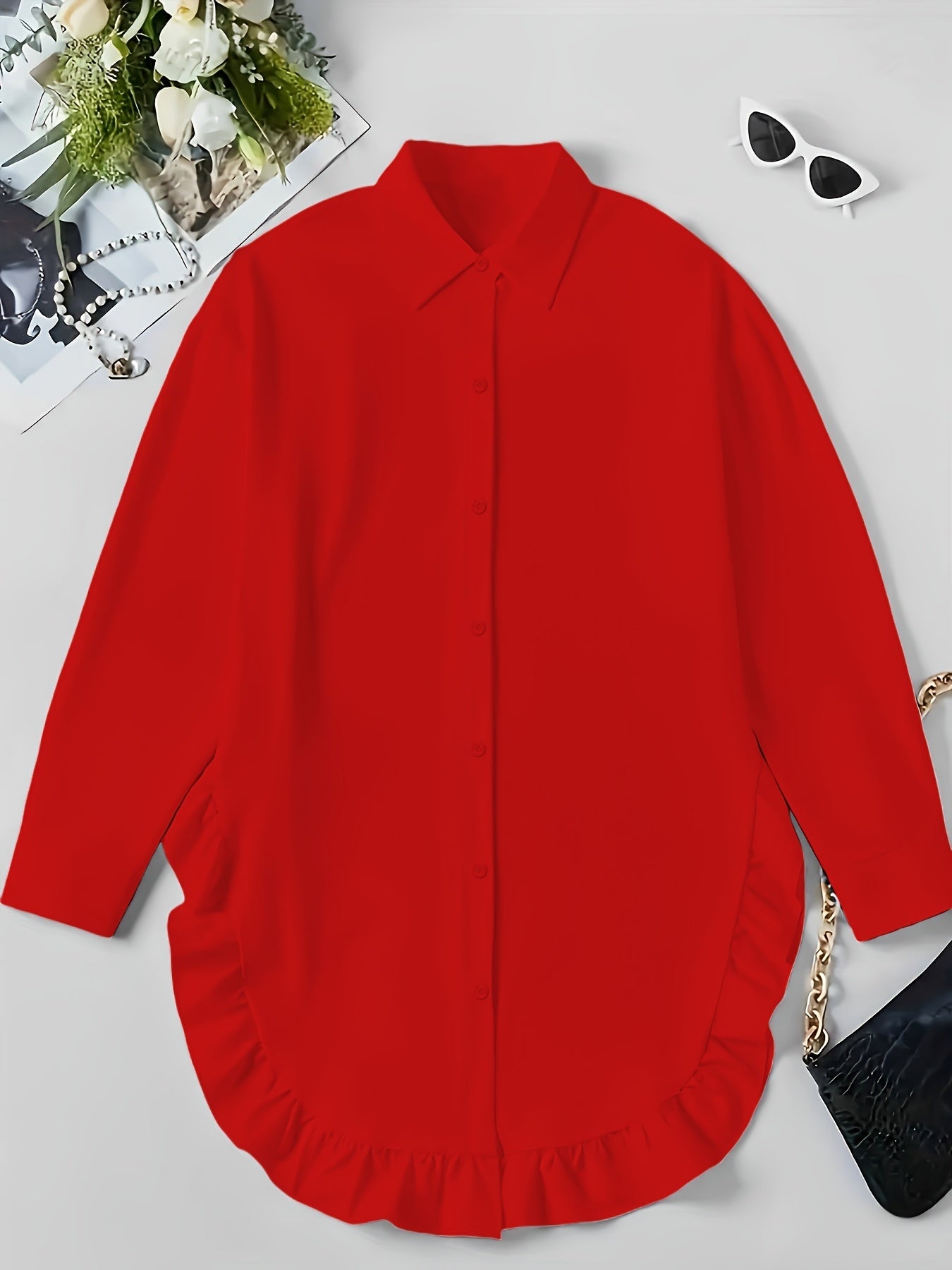 👚 Chemise Décontractée Femme Grande Taille – Ourlet à Volants